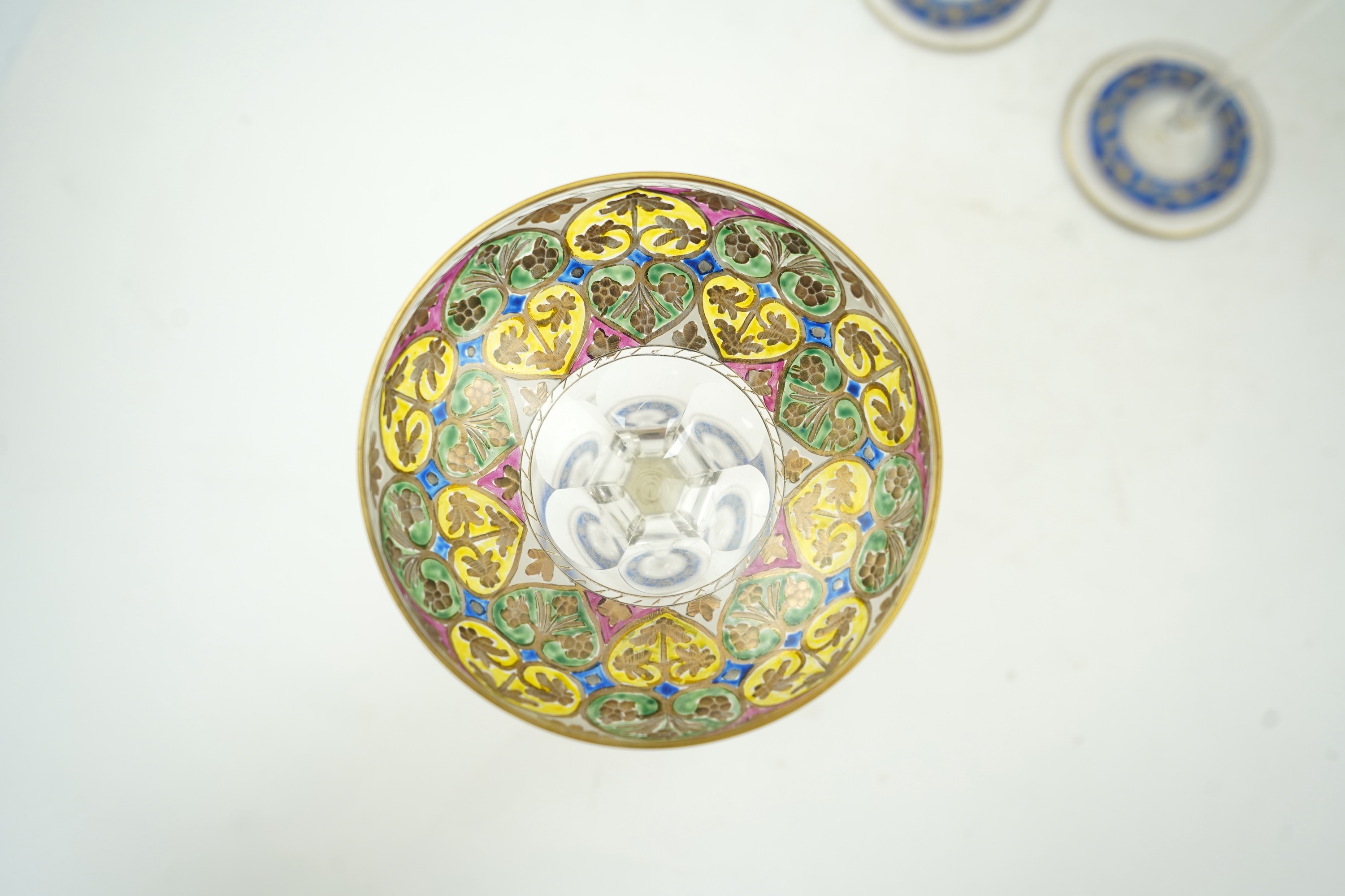 Fritz Heckert, five Jugendstil painted and gilt ‘Jodhpur’ glasses, c.1900